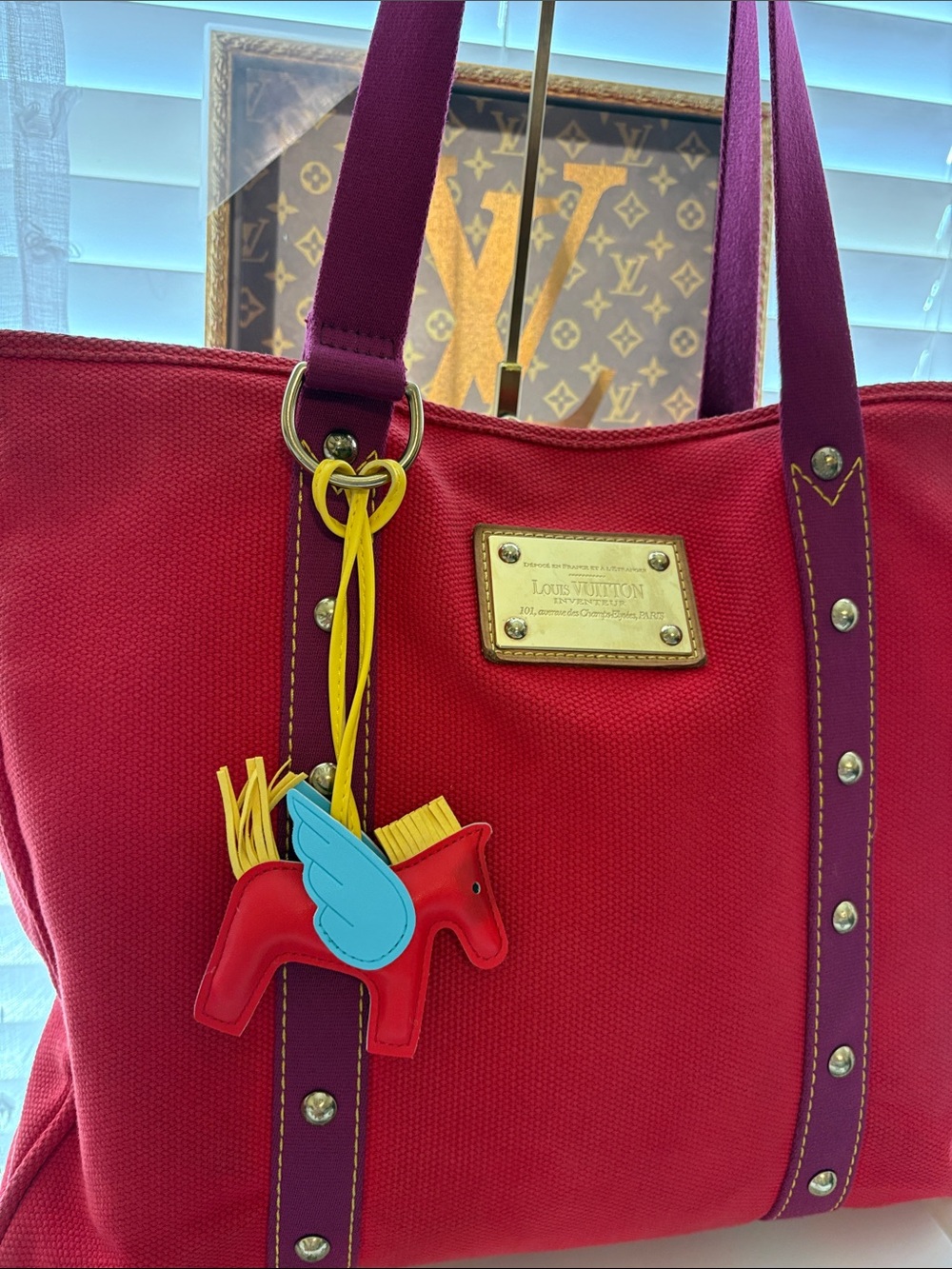 Louis Vuitton Antigua Cabas tote bag red canvas W/COA/ Horse Charm included -GUC - Picture 3 of 17